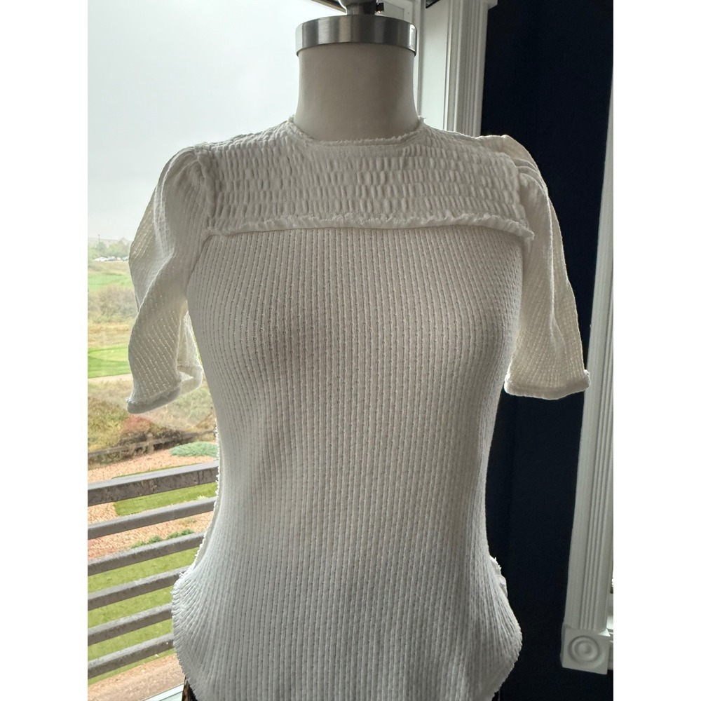 We The Free Free People White Smocked Thermal Top Small Boho Minimalist Preppy